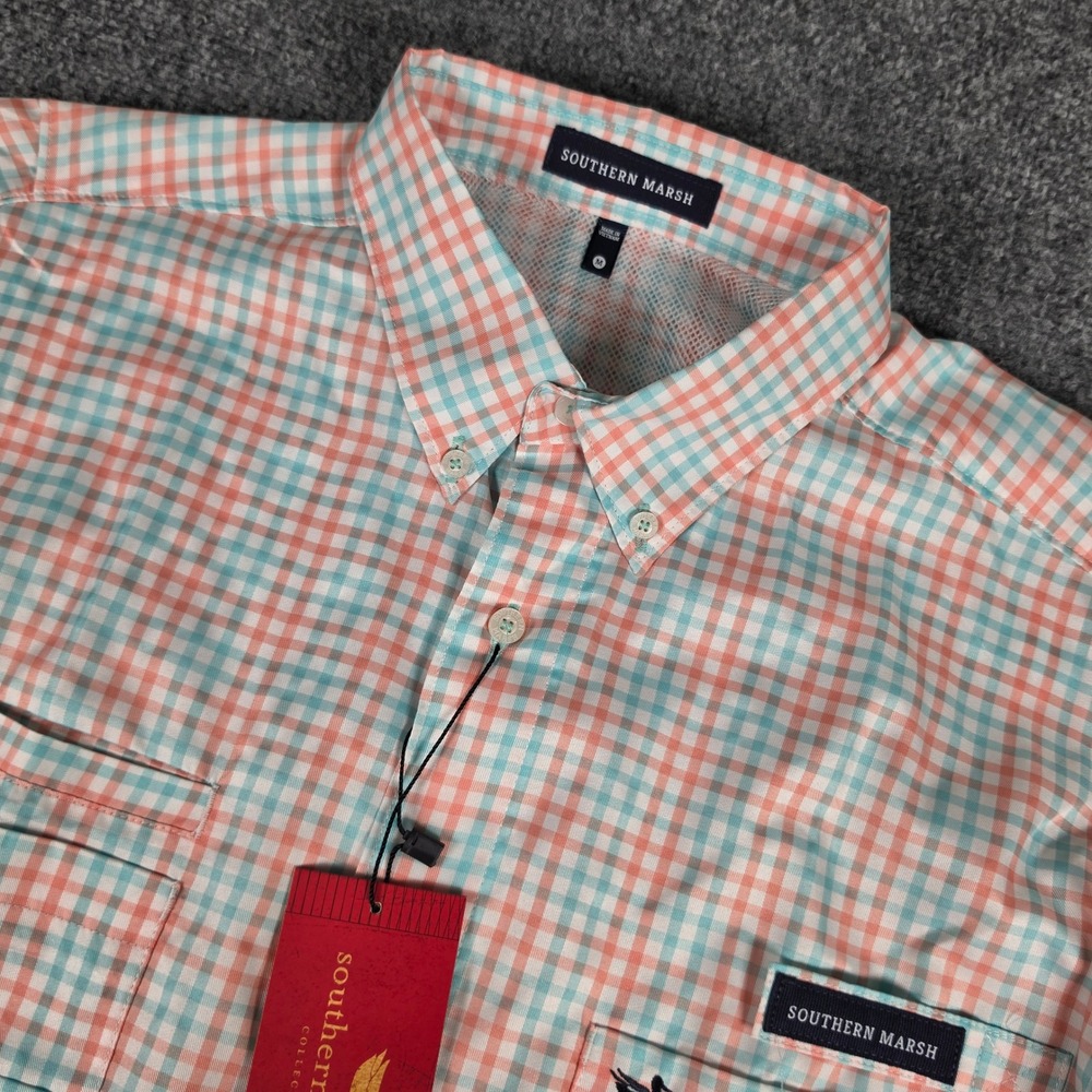 Southern Marsh Harbor Cay Shirt Mens M Melon Teal Drake‎ Grid Fieldtec NWT